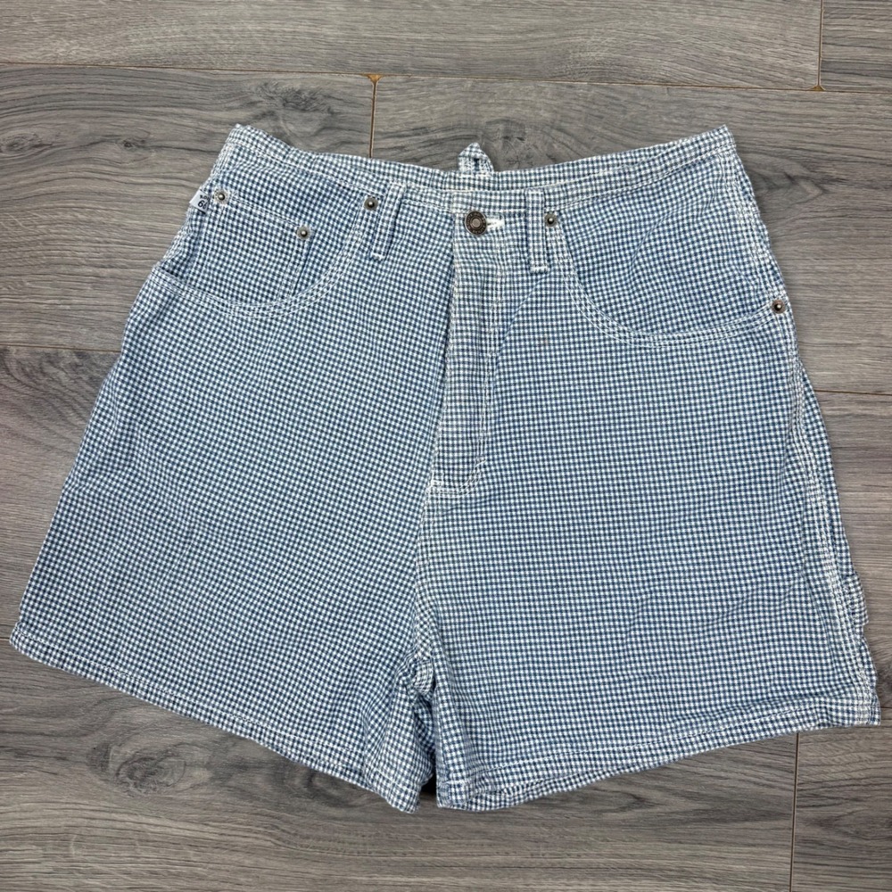 Vintage Route 66 Womens Blue Gingham High Waisted Carpenter Shorts Size 9/10